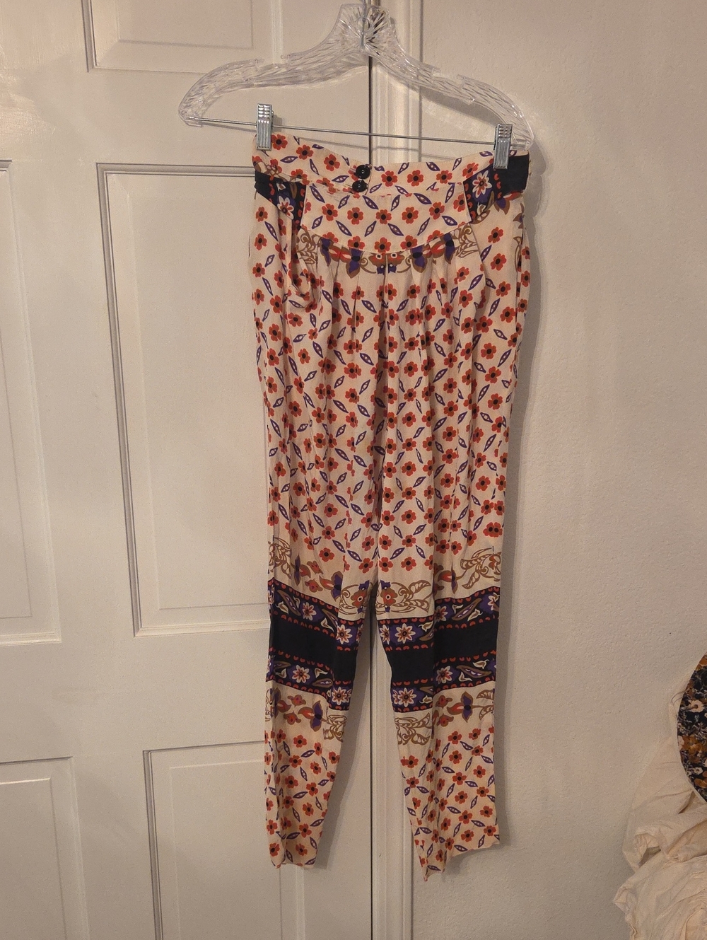 Chloe Silj Boho Floral Printed Paperbag Waist Pants - Cream/Blue